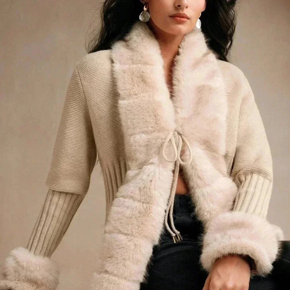 Khaki Casual Women's Elegant Faux Fur Knitted Cardigan Sweater - Picture 3 of 8
